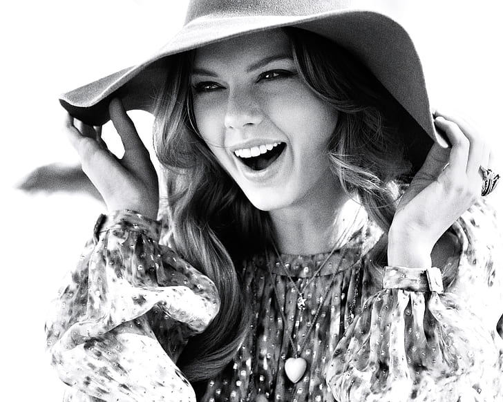 joy, photo, mood, hat, dress, black and white, singer, Taylor Swift, HD wallpaper