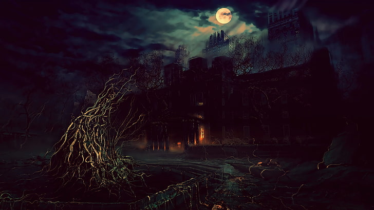 ghost castle wallpaper, Terror, night, fantasy art, Photoshop, HD wallpaper