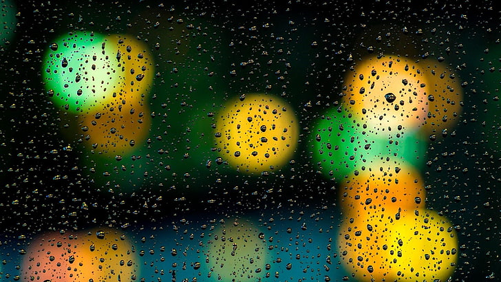 bokeh, lights, night, rain, drop, glass, window, circle, rainy