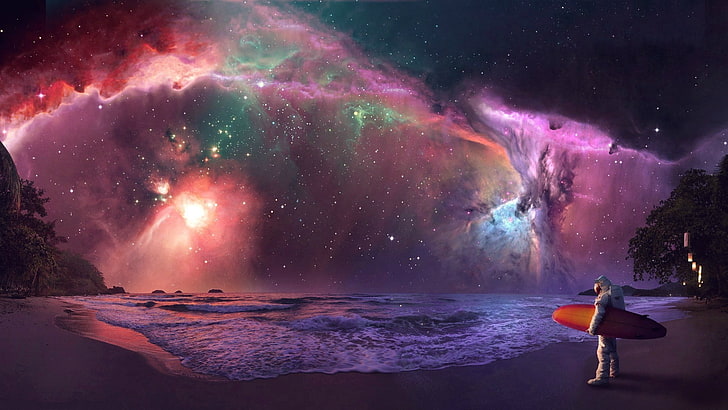 astronaut, Astronauta, nebula, space, stars, Surfing, water, HD wallpaper