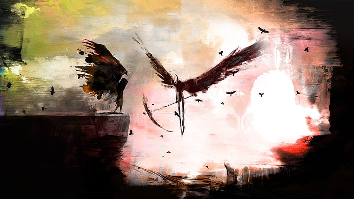 brown bird abstract painting, death, wings, fantasy art, scythe