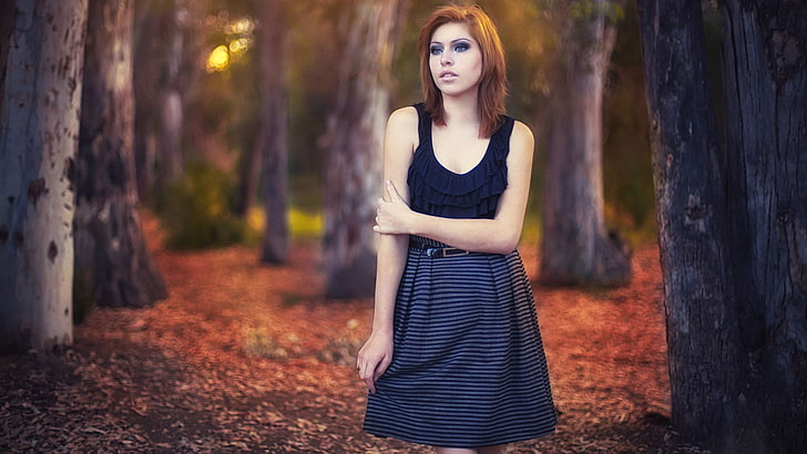 women's black striped sleeveless dress, model, redhead, long hair