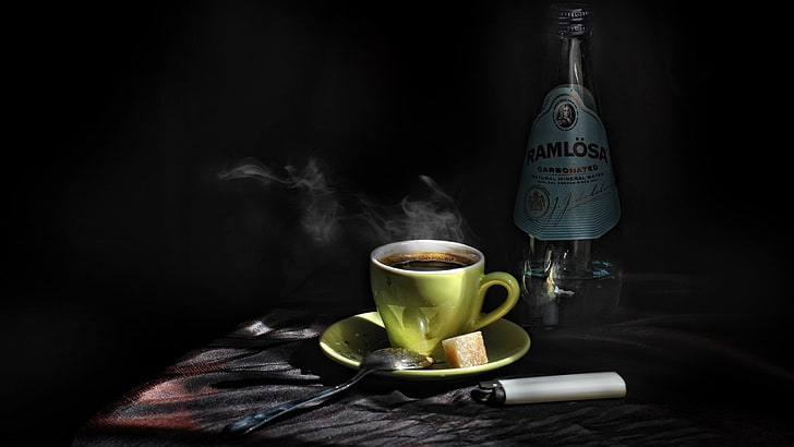 two white and brown ceramic mugs, coffee, food, drink, smoke - physical structure, HD wallpaper
