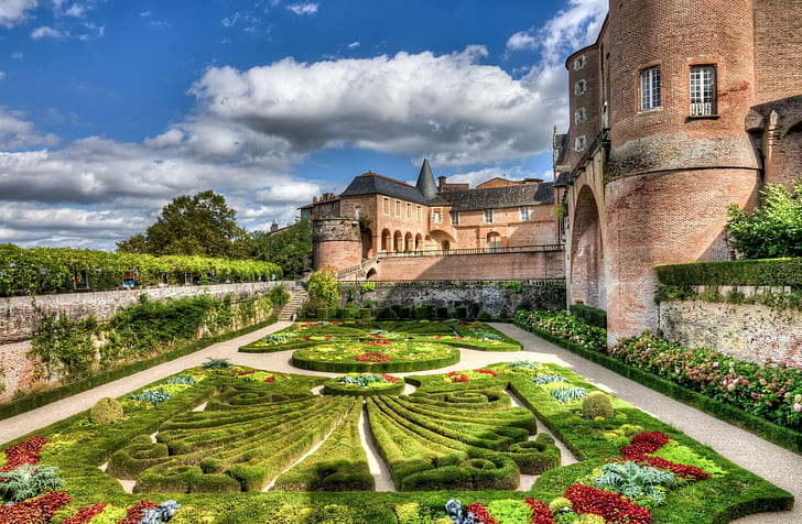 castle, France, flowerbed, Walled Gardens of Albi, HD wallpaper