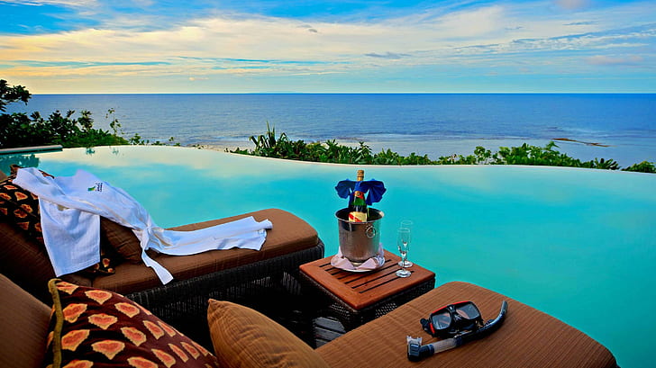 Infinity Pool overlooking Ocean, tropical, islands, loungers, HD wallpaper