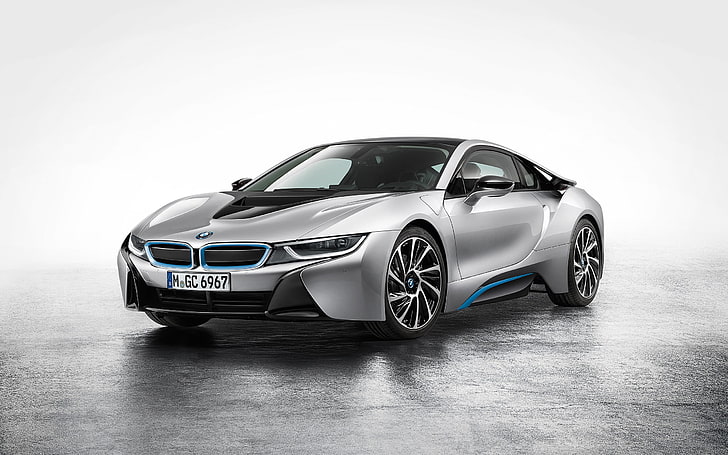 silver BMw sports coupe, BMW i8, car, vehicle, electric car, simple background