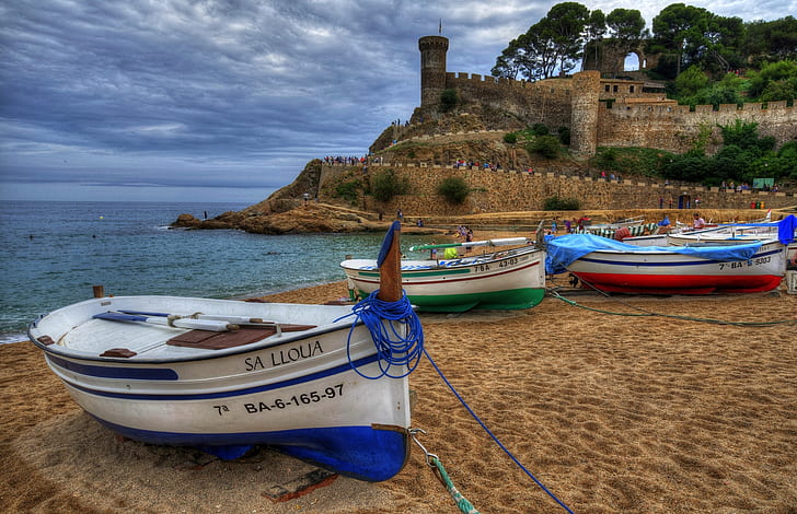 sand, sea, beach, coast, boats, fortress, Spain, Catalonia, HD wallpaper