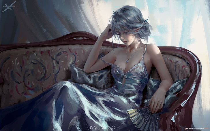 women's blue and white floral dress, WLOP, Ghost Blade, painting, HD wallpaper