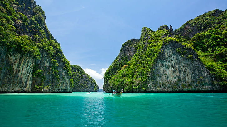 ship, green, beach, island, vacation, sky, Thailand, water