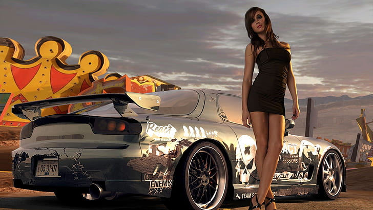video games krystal forscutt black dress tuning mazda rx7 need for speed prostreet girls with cars People Girl HD Art, HD wallpaper