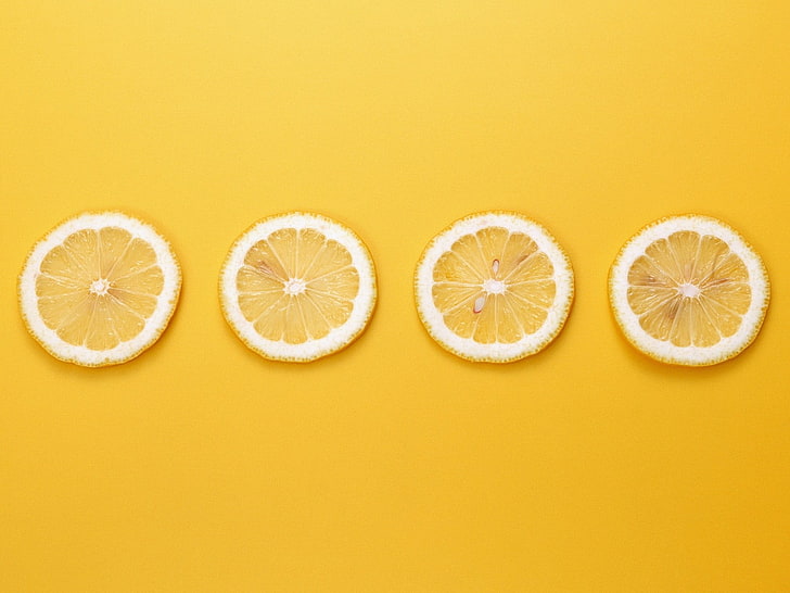 four slices of citrus fruit, yellow background, lemons, minimalism, HD wallpaper