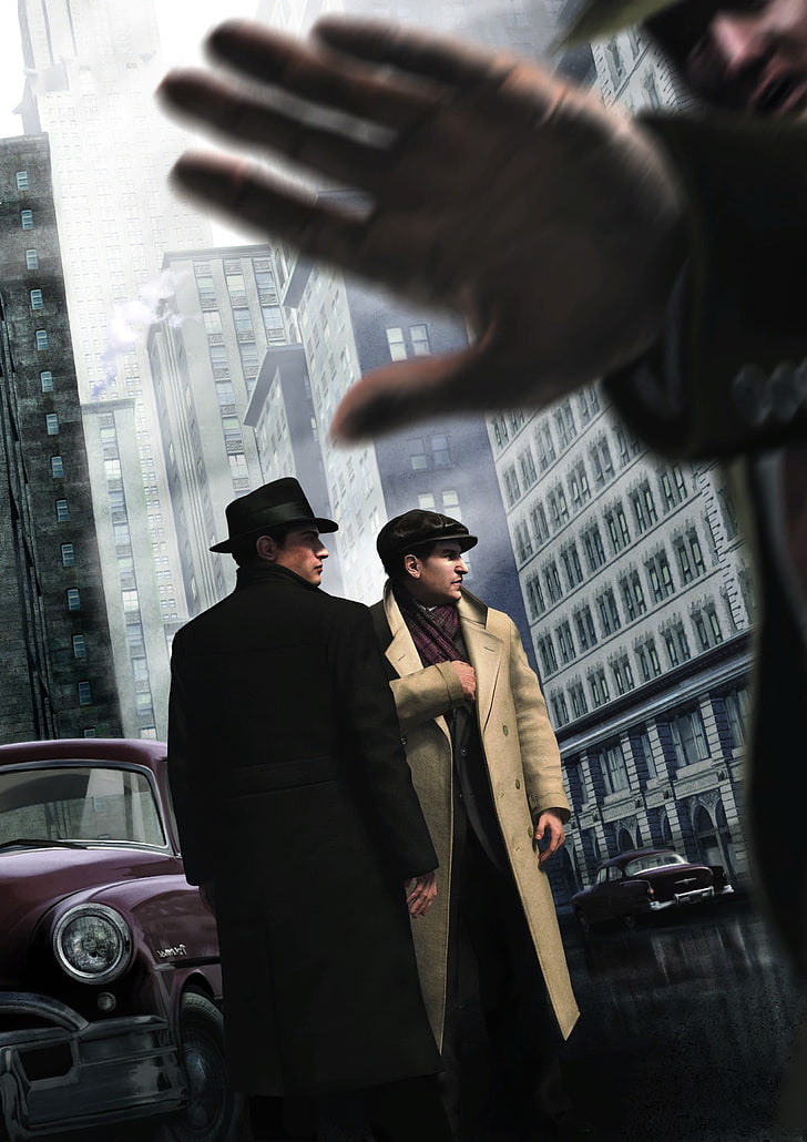 video game poster, Mafia II, video games, city, men, architecture