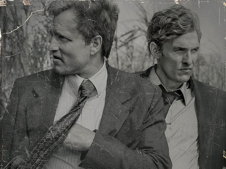 photo of two men wearing suit jacket, true detective, marty hart