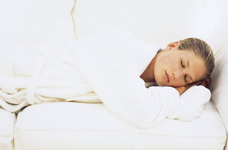 women's white bathrobe, girl, sleeping, sofa, relaxation, resting