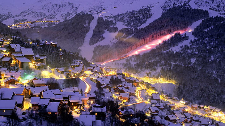 Fantastic Ski Resort At Night, city covered with snow photo, lights