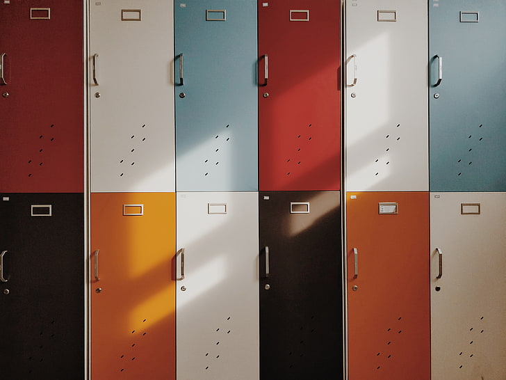 red, white, blue, and black metal lockers, doors, retro, multicolored