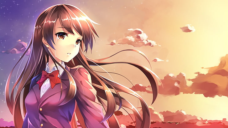 long brown-haired female anime character wallpaper, crying, anime girls