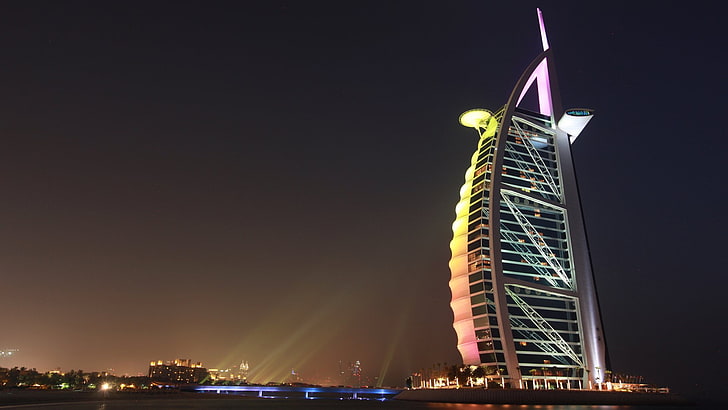 Burj Al Arab, Dubai, Buildings, night, architecture, built structure