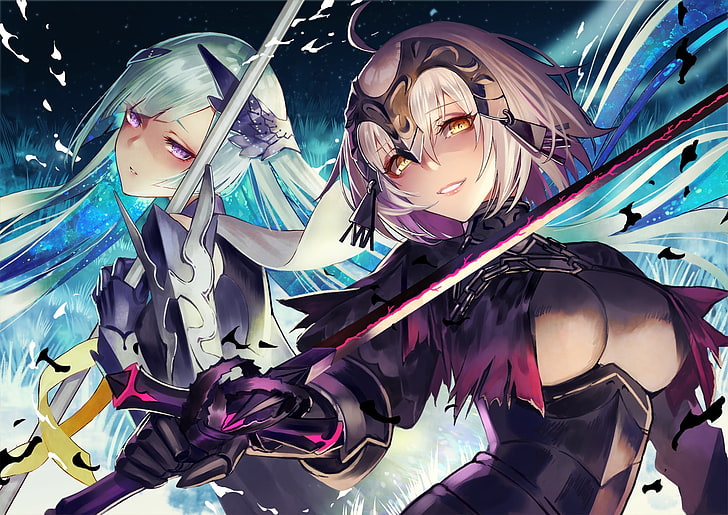 two female anime characters digital wallpaper, aqua eyes, armor