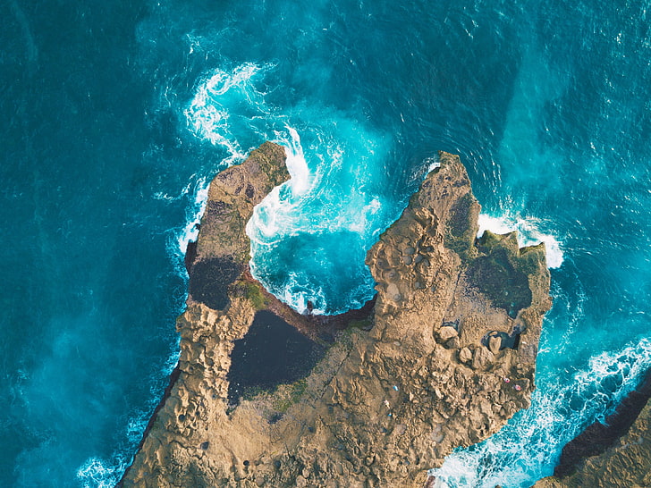 sea, water, blue, cyan, aerial view, coast, waves, rocks, beauty in nature, HD wallpaper