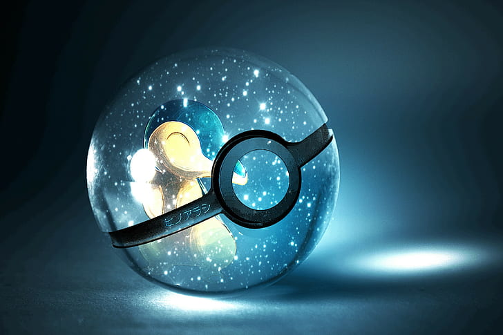 Pokeball illustration, Pokémon, blue, shiny, sphere, glowing, HD wallpaper