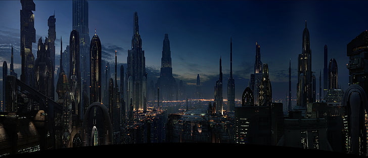 city sky illustration, silhouette of buildings at nighttime, science fiction