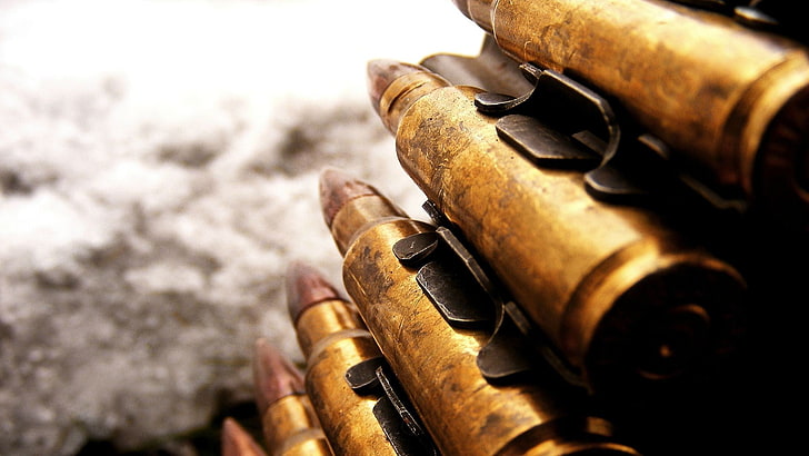 brass-colored bullet magazine, gun, TV, photography, metal, close-up, HD wallpaper