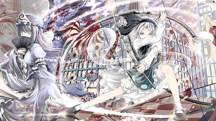 Touhou, Saigyouji Yuyuko, sword, women with swords, japanese flag, HD wallpaper