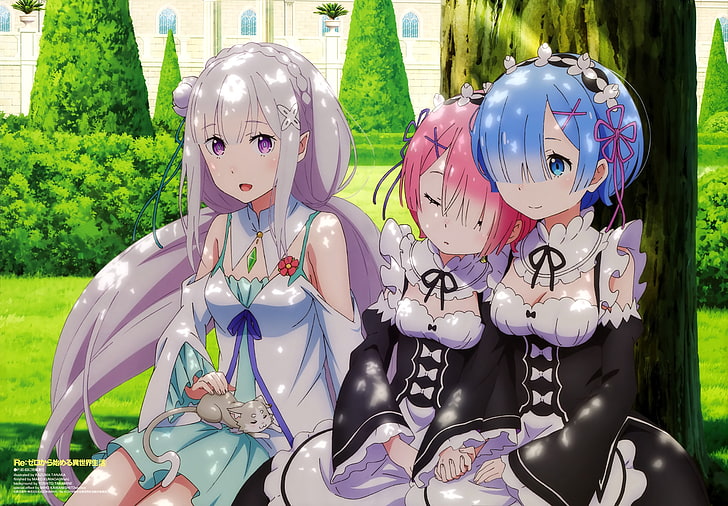 three female anime characters sitting in bench, anime girls, Re:Zero Kara Hajimeru Isekai Seikatsu