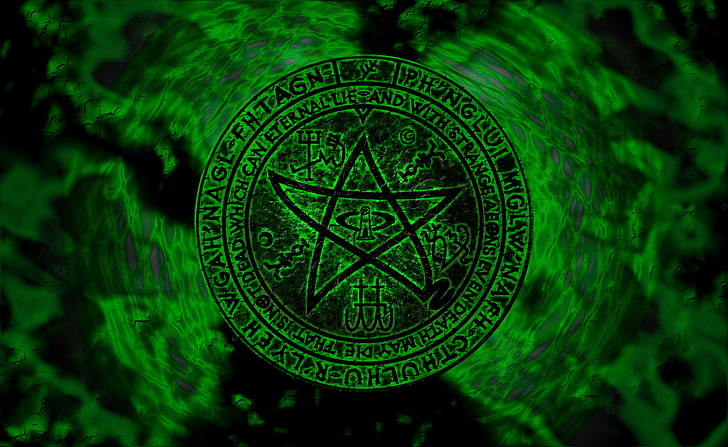 necronomicon, elder sign, lovecraftian symbols, no people, green color
