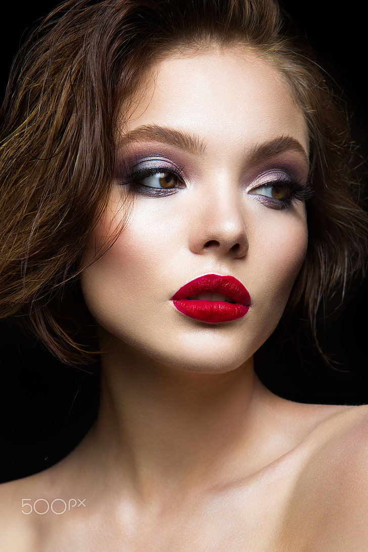 makeup, red lipstick, women, face, model, portrait, beautiful woman
