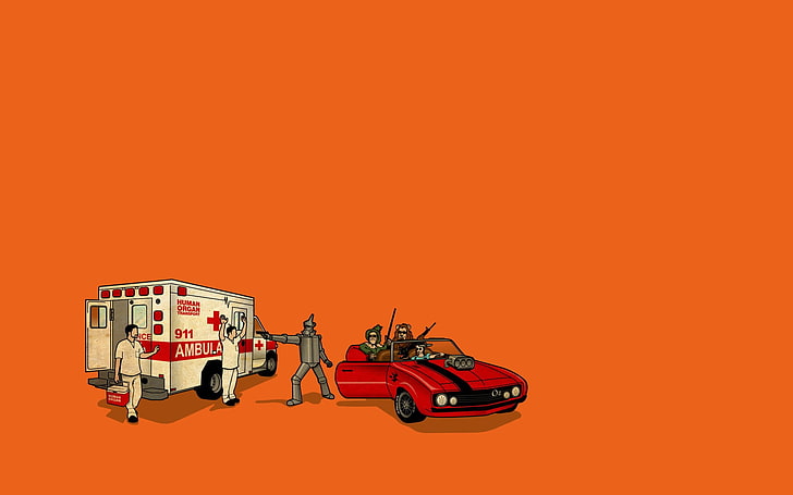 red car and ambulance illustration, The Wizard of Oz, minimalism