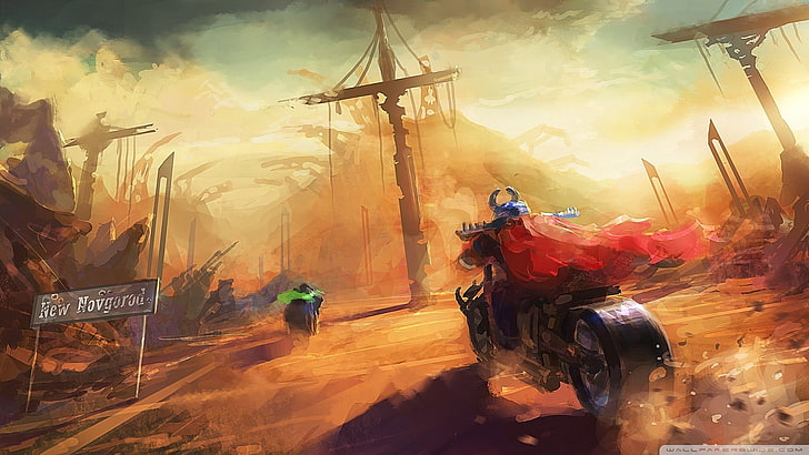 man in red cape chasing man in green cape on motorcycle painting