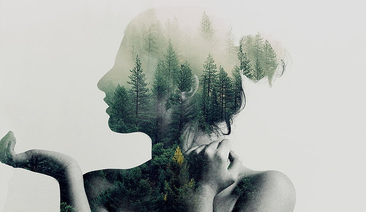 double exposure, women, trees, one person, headshot, young adult