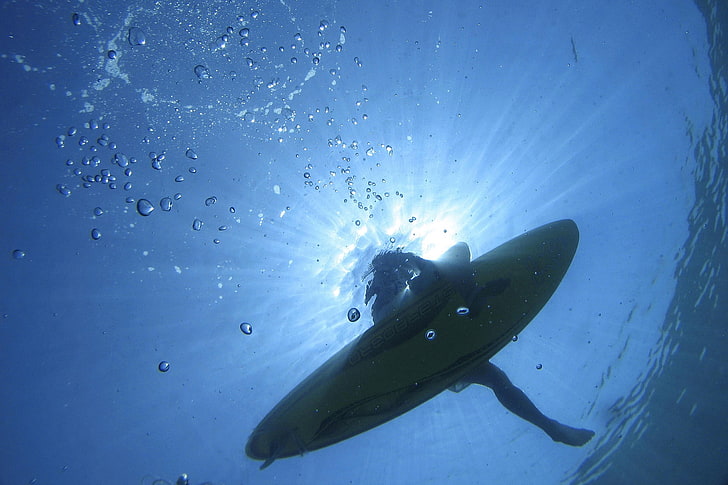 yellow surfboard, surfing, surfers, water, sea, underwater, undersea
