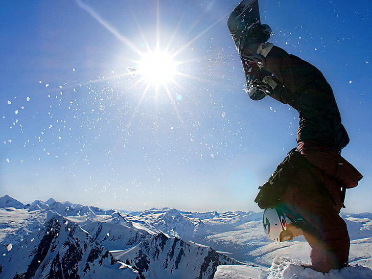 men's blue and black snowboard, snowboarding, Sun, cold temperature, HD wallpaper