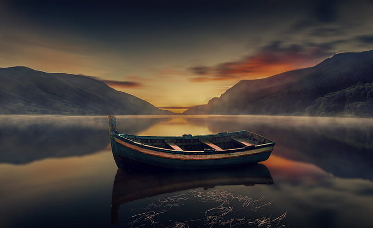 nature, water, reflection, boat, sky, HD wallpaper