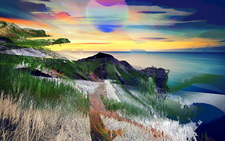 green grass field and ocean wallpaper, distortion, abstract, photo manipulation