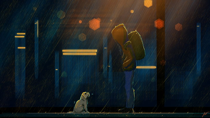dog, backpack, dark, rain, animals, artwork, JoeyJazz, HD wallpaper