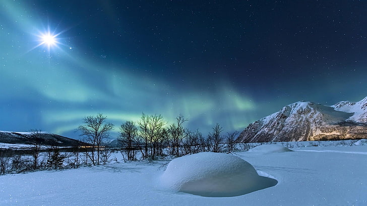 northern lights, nature, landscape, Norway, mountains, night