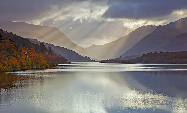autumn, UK, Wales, glacial lake, November, Llyn Padarn, Snowdonia, HD wallpaper