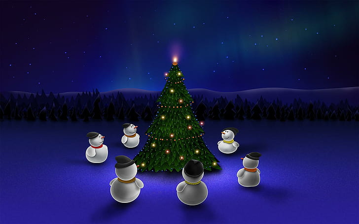 Snowmen around a Christmas tree, chrismas tree illustration, holidays