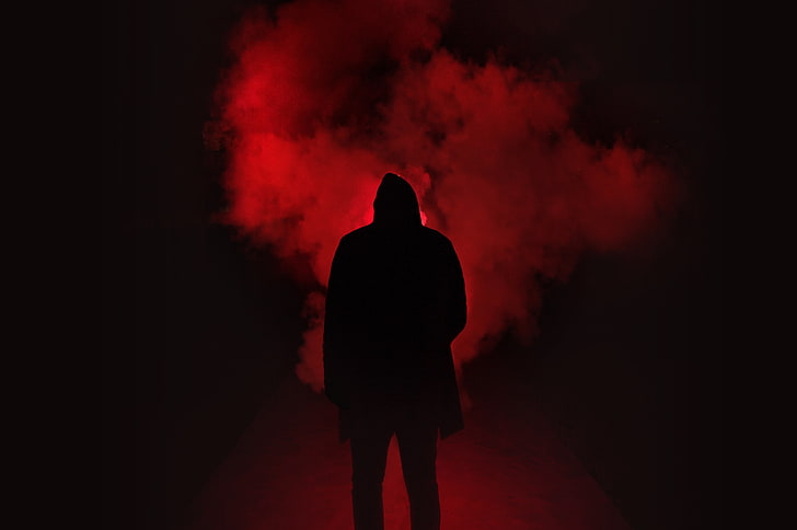 smoke, hood, silhouette, dark, red, black, rear view, night, HD wallpaper