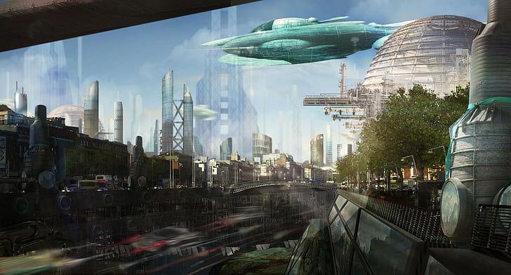 abstracto, ciudad, futuro, naves, sci-fi, HD wallpaper