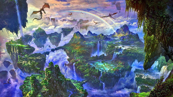 dragons flying on floating island digital wallpaper, Fantasy