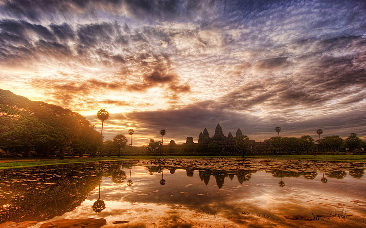 nature, landscape, sky, clouds, trees, temple, water, reflection