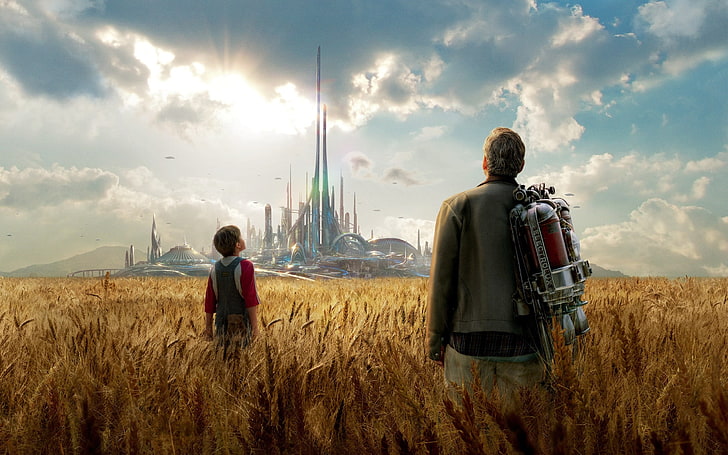 man and boy in brown wheat field 3D wallpaper, Tomorrowland (movie)
