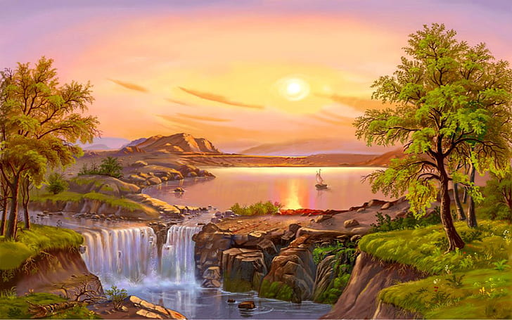 Beautiful Landscape, River, Trees, Waterfall, Sun 09754, HD wallpaper