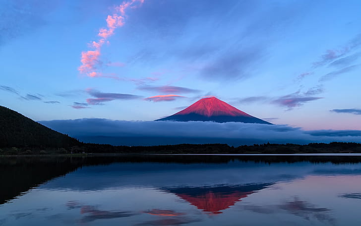 Japan, Fuji mountain, evening, sky, lake, reflection, blue