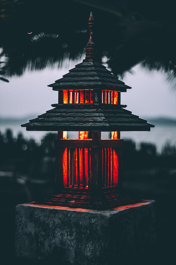 black and red wooden house lamp, light, lighting, dark, built structure, HD wallpaper